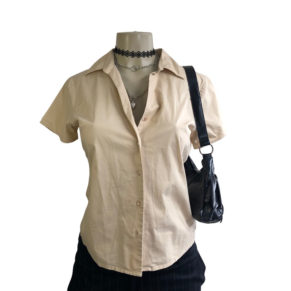 Vintage Y2K Tan Fitted Short Sleeve Button Up Top Office Siren Womens S Beige